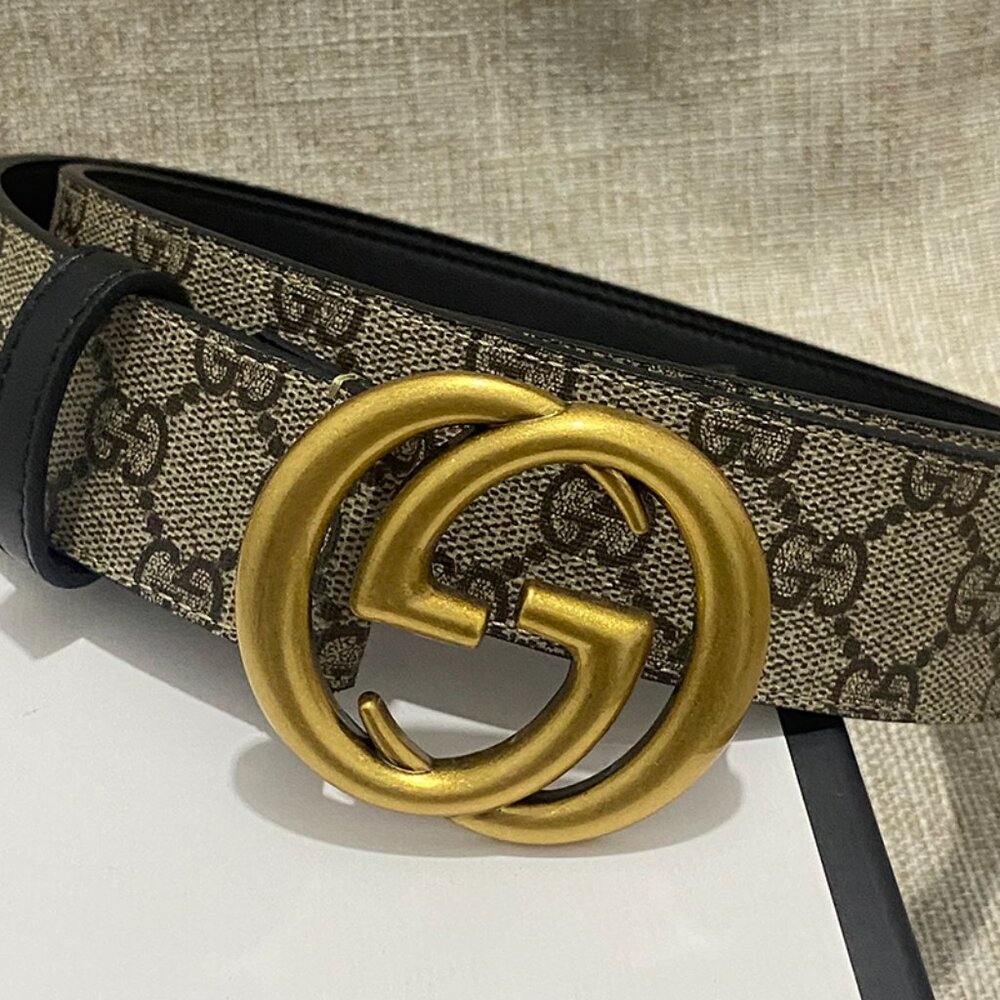 Gucci Classic Beige And Brown Gg Monogram Canvas Belt With A Gold Double G Metal - Picture 2 of 8